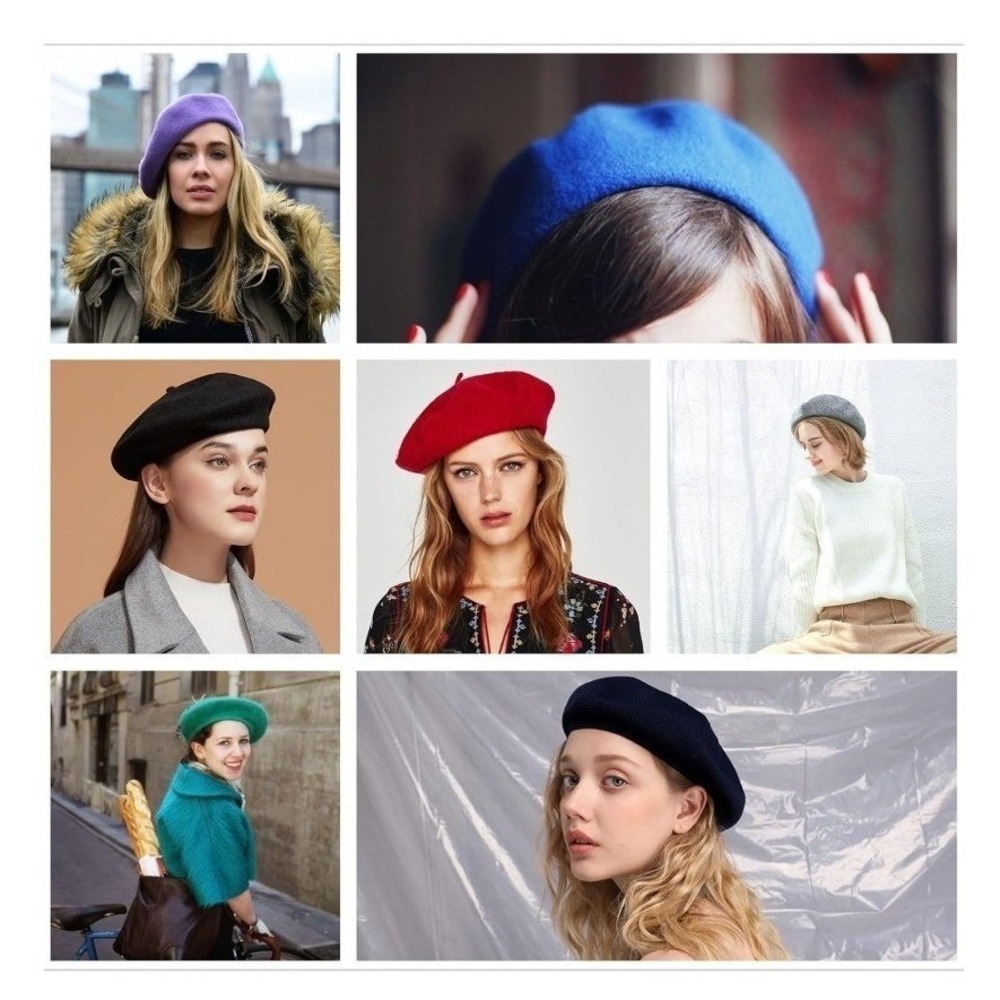 VTG Premium Vintage Women Wool Beret Hats 3-Pack One Size Black Camel Pink